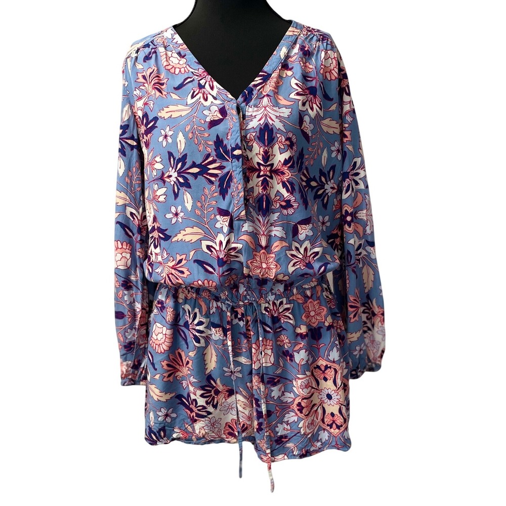 Old Navy Romper Women Small Blue Pink Floral Long Sleeve Rayon Boho whit pockets